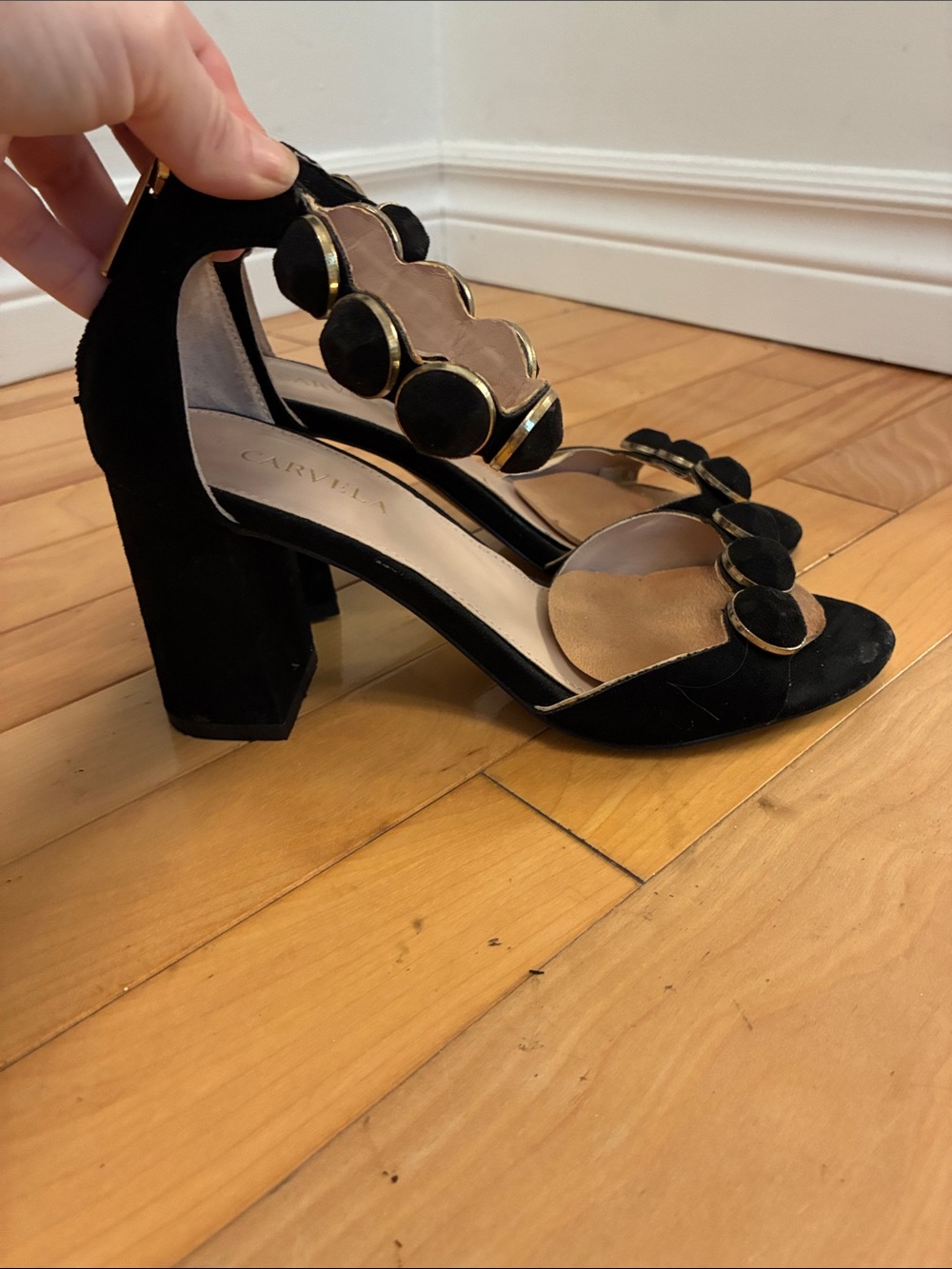 Carvela Black Suede Block Heel Sandals with Gold Accent Discs